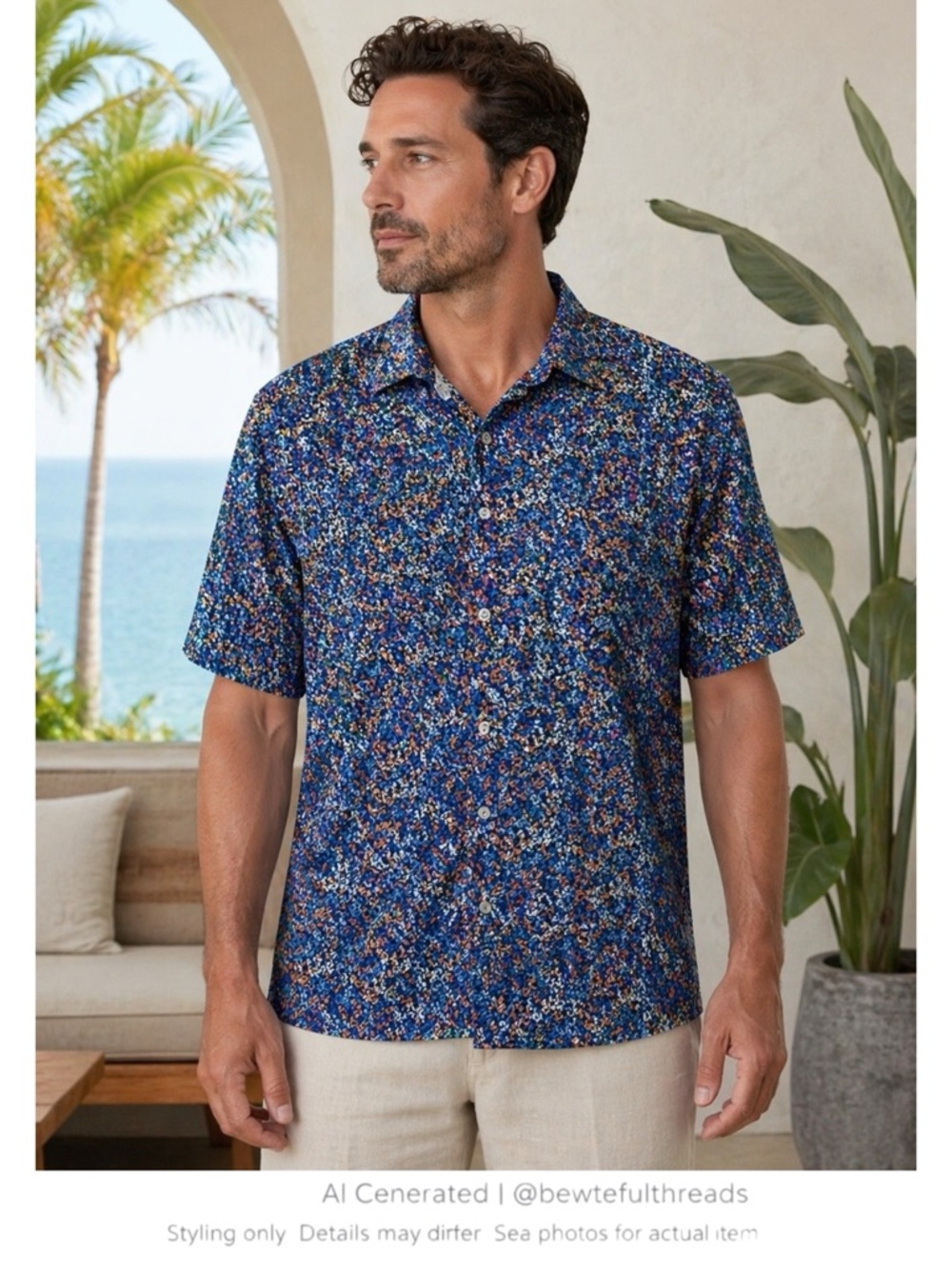 Blue Abstract Print Stretch Camp Shirt Men’s Large Casual Resort Button Up